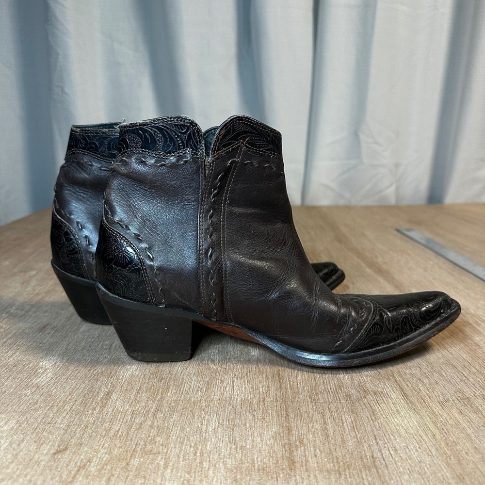 Roper Womens Western Ankle Boots Pointed Toe Dark Brown Leather Embossed  8.5